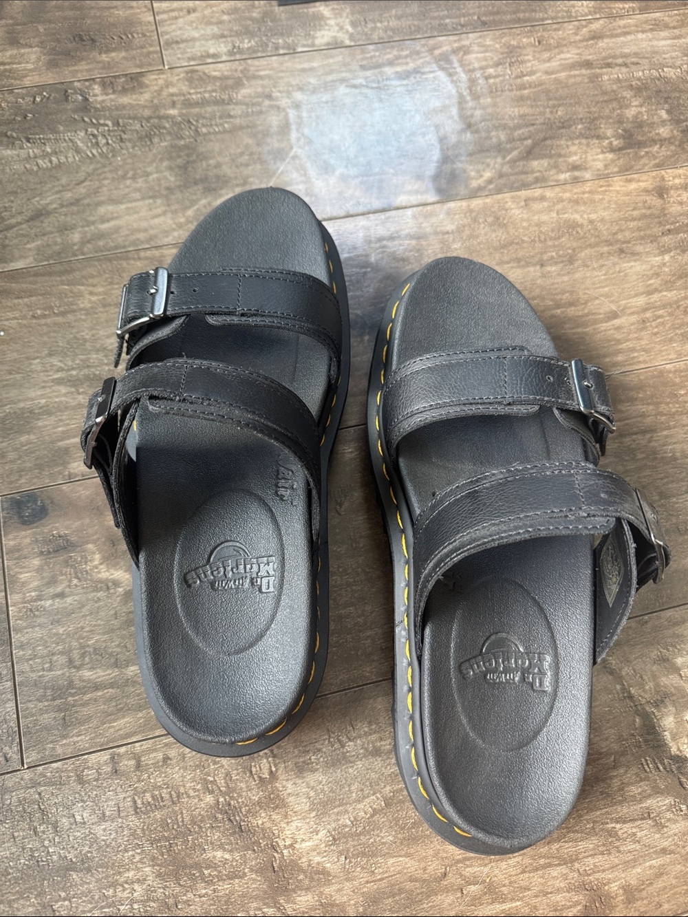 Dr. Martens Black Double Buckle Slide Sandals with Yellow Stitching